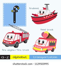 Letter F lowercase children colorful transportations ABC alphabet tracing flashcard for kids learning English vocabulary and handwriting Vector Illustration.