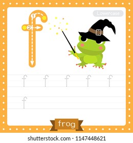 Letter F lowercase cute children colorful zoo and animals ABC alphabet tracing practice worksheet of Megical Frog fly for kids learning English vocabulary and handwriting vector illustration.