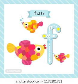 Letter F lowercase cute children colorful zoo and animals ABC alphabet tracing flashcard of Colorful Fish swimming for kids learning English vocabulary and handwriting vector illustration.