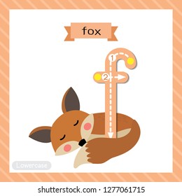 Letter F lowercase cute children colorful zoo and animals ABC alphabet tracing flashcard of Sleeping Fox for kids learning English vocabulary and handwriting vector illustration.