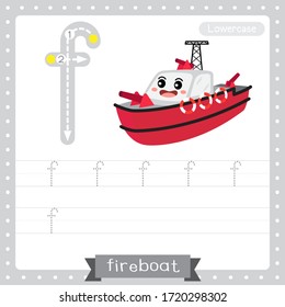 Letter F lowercase cute children colorful transportations ABC alphabet tracing practice worksheet of Fireboat for kids learning English vocabulary and handwriting Vector Illustration.