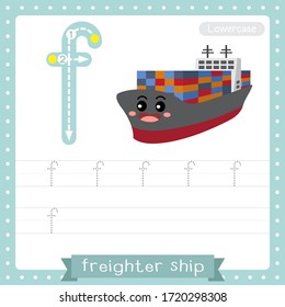 Letter F lowercase cute children colorful transportations ABC alphabet tracing practice worksheet of Freighter Ship for kids learning English vocabulary and handwriting Vector Illustration.