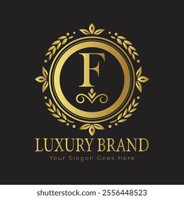 Letter F Luxury brand logo design with a royal gold crown emblem and elegant typography
