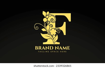 Letter F luxury floral logo design template with gold color