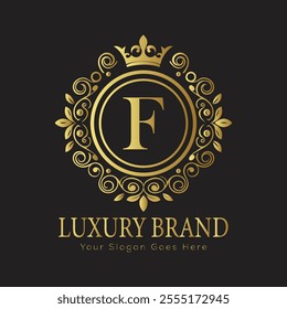 Letter F luxury gold logo concept brand logo design with a royal gold crown emblem and elegant typography
