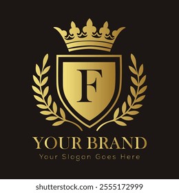 Letter F luxury gold logo concept brand logo design with a royal gold crown emblem and elegant typography
