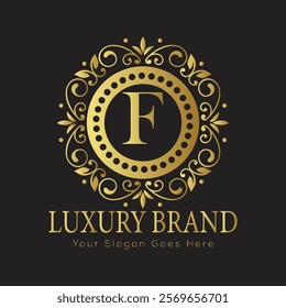 Letter F luxury gold logo concept brand logo design with a royal gold crown emblem and elegant typography
