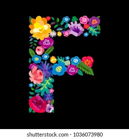 The letter "F" made of flowers on a black background. The letter of the English alphabet. Bright floral print. Great for T-shirts, cards and more.