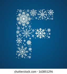 Letter F, made from frosty snowflakes, vector font