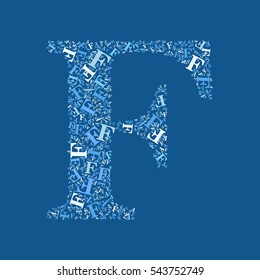 Letter F made of letters F. Letter F in five different colors with blue background.