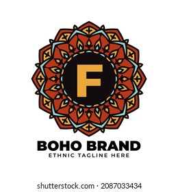 letter F mandala vintage color ethnic boho brand flower generation