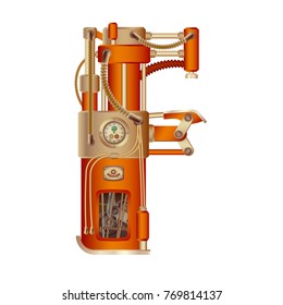 The letter F of mechanic alphabet. Steampunk font style. Mechanical design. Made in the form of a mechanism with moving and stationary parts with tubes, gears and pistons in red casing.