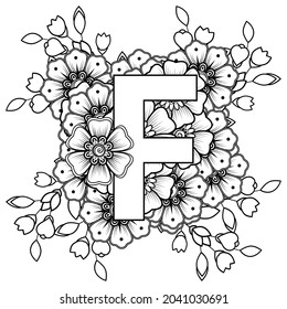 Letter F with Mehndi flower. decorative ornament in ethnic oriental style. coloring book page. 