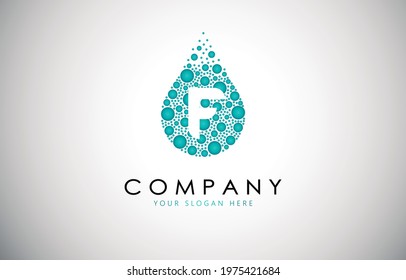 Letter F mineral water drop logo with bubble design elements, eps10.