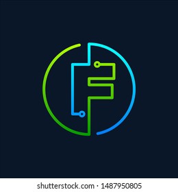 Letter F Mono Line Logo With Element Chip, Connect Concept , Circle Shape Symbol, Green And Blue Color, Technology And Digital Abstract Dot Connection - Vector