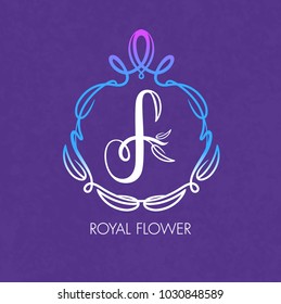 Letter F. Monogram design elements, Royal Flower on a purple background. Calligraphic elegant line art logo design. Vintage Insignia or Logotype. Business sign, identity, label, badge, Cafe, Hotel.