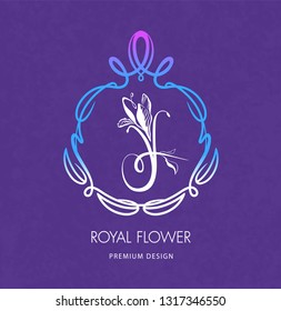 Letter F. Monogram, logo in the style of engraving, design elements, Royal Flower on a purple background. Flower logotype for a spa, wellness center, massage or beauty salon, hotel. 