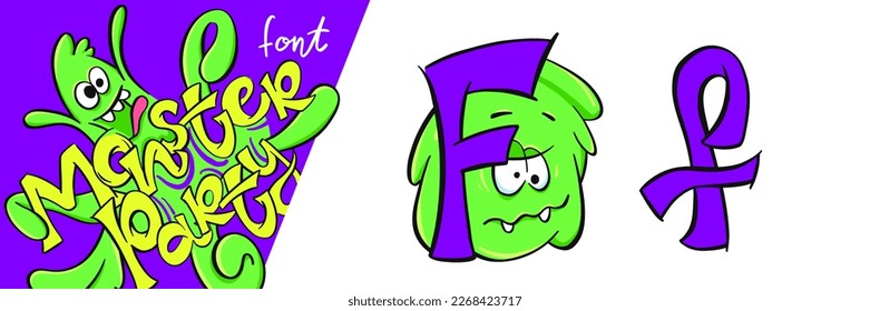 Letter F from the Monster party alphabet font. Large and small cartoon style letters set with cute monsters behind them for children, kindergarten, school, education, home party decor illustration