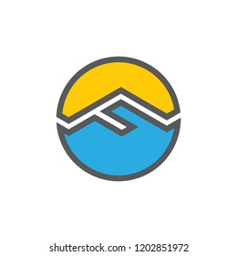 letter f mountain sun symbol vector