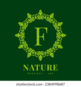 letter F nature border wreath initial logo for boutique spa and beauty wellness