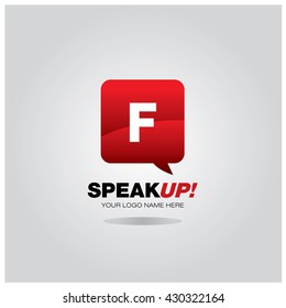 Letter F on bubble talk as an integrated communication. Design Template for the company and campaign activities