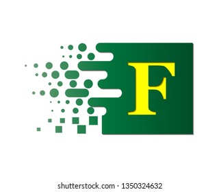 letter F on a colored square with destroyed blocks on a white background.