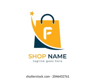 Letter F on Shopping Bag. Shopping logo.