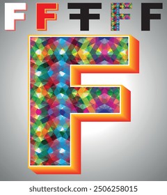 Letter F on triangular pattern mosaic royalty vector, Colorful triangles form F mosaic design, This graphic design is set against F white triangular background, Polygonal 3D Alphabet F, A to Z Letter.