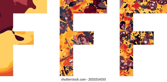 Letter F original design. Modern vector design alphabet. Bright colors yellow, orange, red, black.  Unique font for different design.