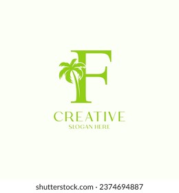 Letter F Palm Leaf Tree Logo Design Template