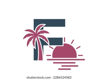 letter f with palm tree and sunset. vacation and resort alphabet logo. summer and exotic tourism design. isolated vector image
