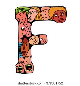 Letter F. People crowd. Isolated alphabet design. Hand drawn vector illustration in cartoon style
