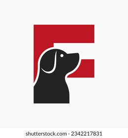 Letter F Pet Logo Design. Dog Logo Symbol Vector Template. Dog On Alphabet