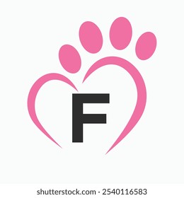 Letter F Pet Logo Design Concept With Paw and Heart Symbol Vector