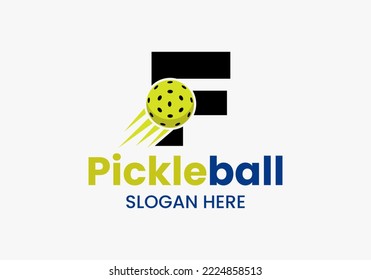 Letter F Pickleball Logo Concept With Moving Pickleball Symbol. Pickle Ball Logotype Vector Template