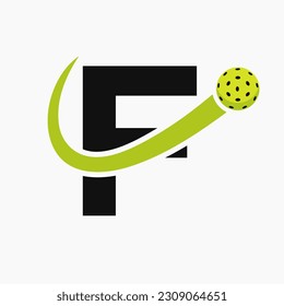 Letter F Pickleball Logo Concept With Moving Pickleball Symbol. Pickle Ball Logotype