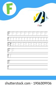 Letter F with a picture of fish and seven lines of letter F writing practice. Handwriting practice and alphabet learning. Vector illustration.