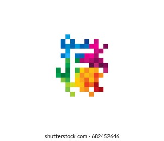 Letter F Pixel Color Mosaic Icon Logo Design Element