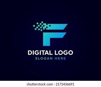 Logotipo de píxel F, tecnología e imagen vectorial de logotipo digital