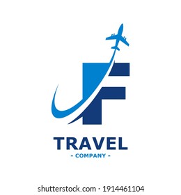 letter F with plane and airline logo vector template. Suitable for travel label, tourism, journey posters, flight company advertising, airways identity, and tech transportation