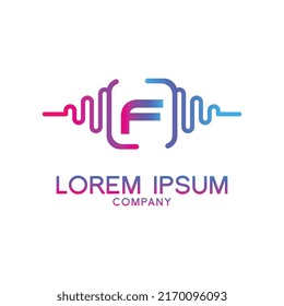 letter F with Pulse music player element. Logo template electronic music, equalizer, store, dj, nightclub, disco. Audio wave logo concept, Multimedia Technology themed, Abstract Shape vector