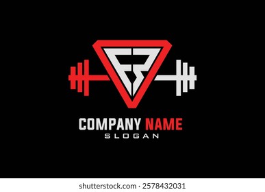 Letter F, R, E, FR, RF, ER, RE Gym and Fitness logo in triangle shape with barbell.