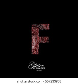 Letter F of red and silver glitters. Typographic vector element for design. Part of curly textured alphabet with shiny paillettes. Letter F with diffusion glitter swirly pattern. Vector illustration
