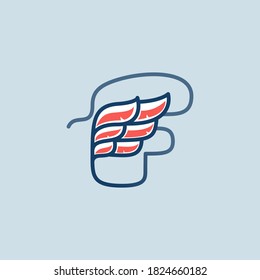 Letra F con ala roja dentro. Plantilla para el logotipo deportivo, etiqueta de campeón, emblema de hockey, signo de tatuaje, sello heráldico. Ilustración vectorial.