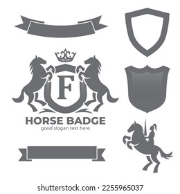 Letter F Retro Crest With Shield And Two Horses Vector, heraldic shield with crown, horse silhouette