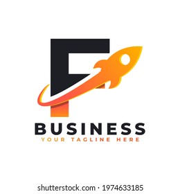 Letter F with Rocket Up and Swoosh Logo Design. Creative Letter Mark Suitable for Company Brand Identity, Travel, Start up, Logistic, Business Logo Template