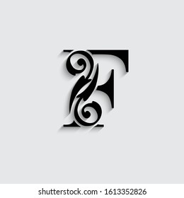 letter F with shadow. Black alphabet.  Beautiful flower  capital letters