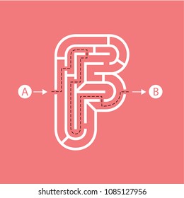 Letter F shape Maze Labyrinth, maze with one way to entrance and one way to exit. Flat design, vector illustration.