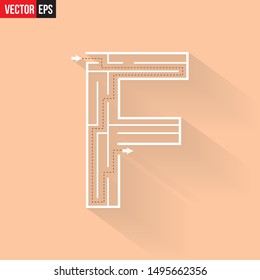Letter F shape Maze Labyrinth, maze with one way to entrance and one way to exit. Flat design, vector illustration.