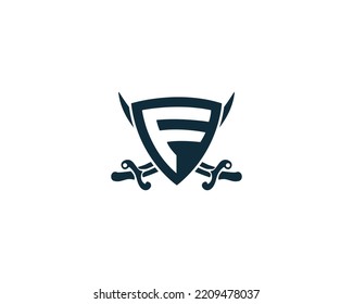 Letra F Shield Logo Con Dos Espadas Cruzadas. Ilustración vectorial creativa de energía, lealtad y seguridad.